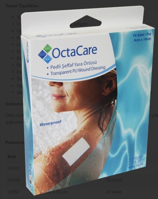 Su Geçirmez Şeffaf Pu Film Yara Örtüsü (Sezeryan Bandı) Octamed 5 ADET 9CMX10CM
