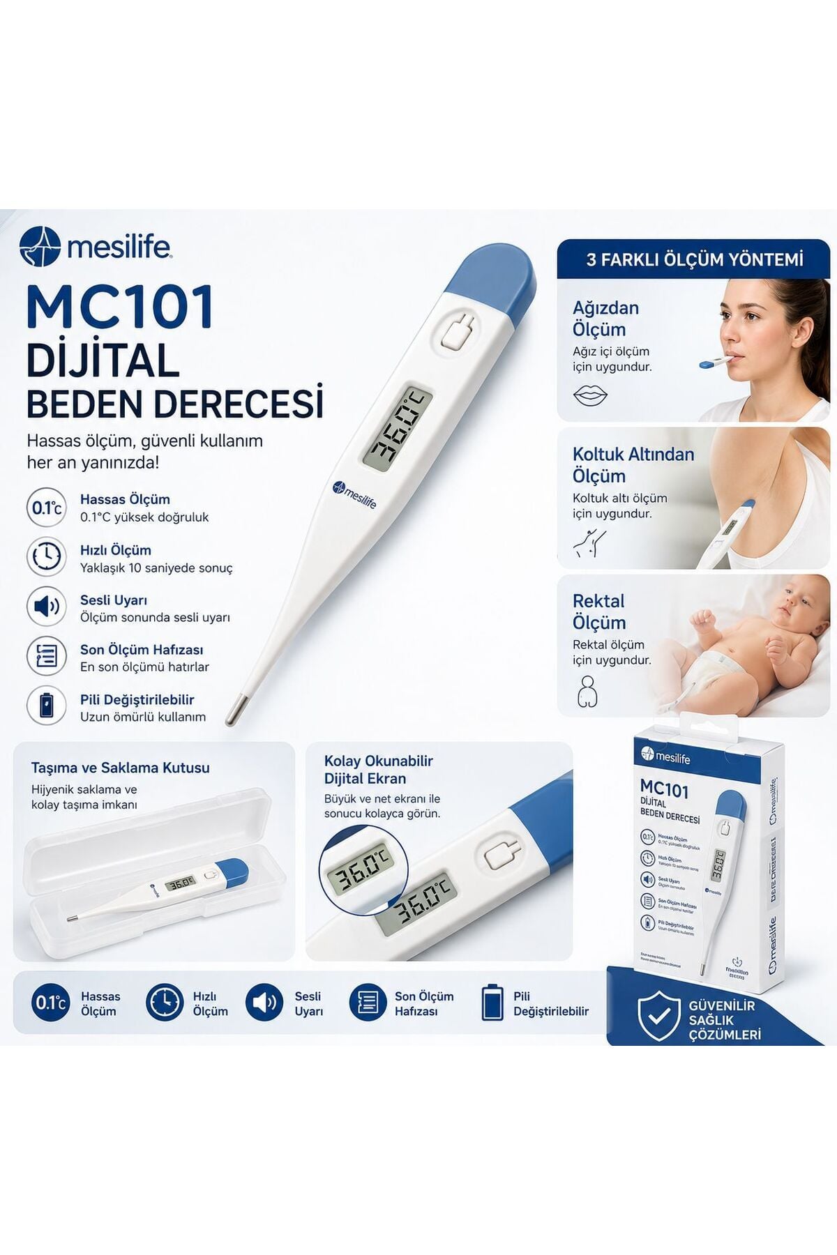 MC101 Dijital Ateş Ölçer | Hassas Ölçüm Özellikli Dijital Derece | Ağız, Koltuk Altı ve Rektal Kullanım | Ateş Ölçer