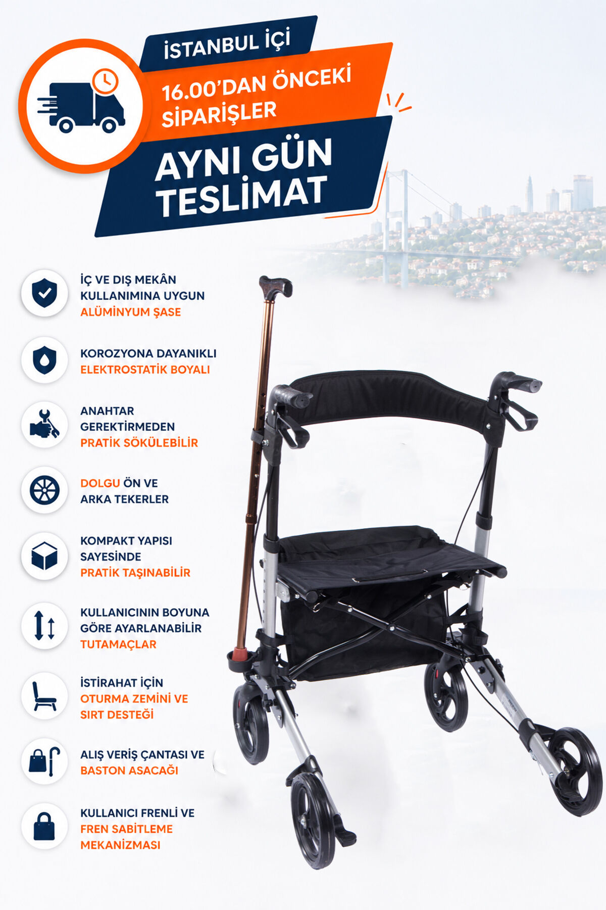 Rolatör Yürüteç Gri | Alüminyum Gövde, Katlanabilir, Frenli ve Dolgu Tekerlekli DM-9102